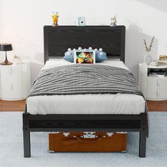Single Bed Frame with Wood Storage Headboard