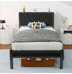 Single Bed Frame with Wood Storage Headboard