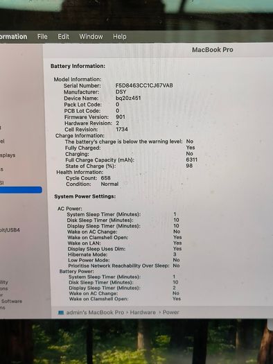 Apple MacBook Pro 15" 2018 A1990 , Intel i7, 32GB RAM, 500GB, macOS Sequoia, Battery Cycle: 658