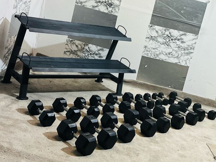 Hex Dumbbells With 2 Tier Rack