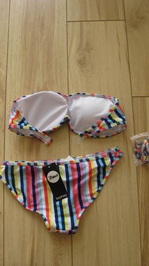 ladies Boo-hoo mix n match striped multi-coloured bikini with bandeau style top 10- 12...read description!