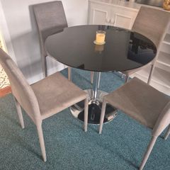 Smoked glass dining table & chairs + coffee table