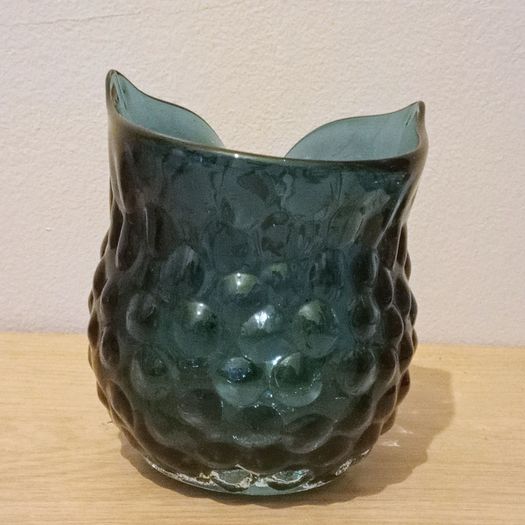 Vintage Hand Blown Glass Owl Shaped Vase. Murano Style, Dark Blue Colour.