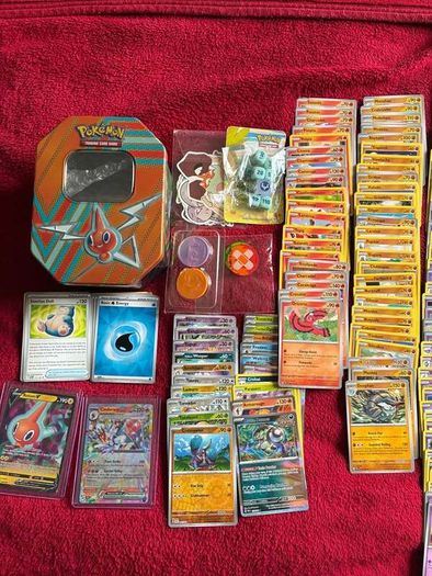 Pokemon large Sized Storage Tin and 250 cards and 2 v/ex cards