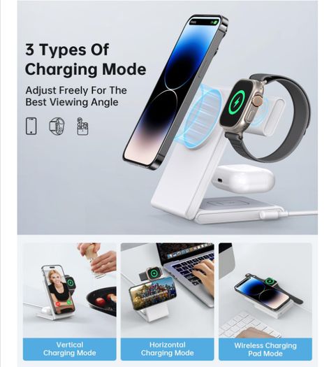 3 in 1 Foldable Magnetic Wireless Charging Station with PD 20W USB-C Adapter, Compatible with MagSafe