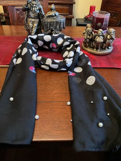 Samoon. FURTHER REDUCED.   Scarf In Black With White Polka Dots And A Littlle  Blue and Pink Also , With Decorative Pearls At The End