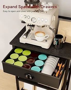 5 Tier Coffee Bar Station, Coffee Stand with Fabric Drawers, 8 S-Shaped Hooks, Corner Bar Cabinet, Height Adjustable, Bakers Rack for Kitchen, Living Room, Black