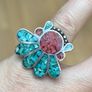 Vintage Beautiful 1980 ZUNI Inlay Coral & Turquoise Sterling Silver Native American Ceremonial Headdress Ring Size small Image 2