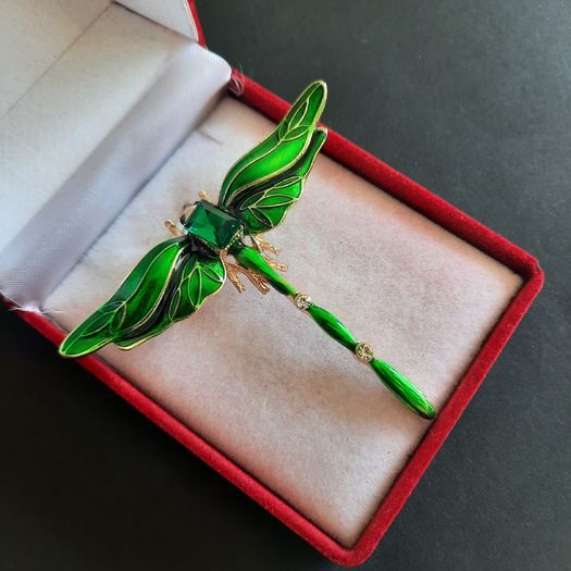 Green Crystal & Enamel Dragonfly Brooch Shawl Pin Badge Insect Fly Bug Vintage Styl