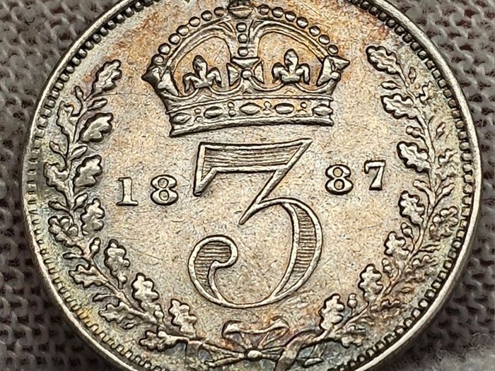 Great Britain 1887 Threepence Beautiful Uncirculated Lustrous Rainbow Toned