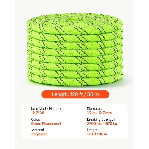 Double Braided Polyester Rope 12.7 mm x 36 m Arborist Rigging Rope, for Tree Work, Heavy Duty 11 Strands, 1678 kg High Breaking Strength, Outdoor Climbing Towing Swing Pulling Cord, Green