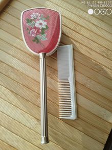 Vintage Gold Tone Hairbrush  Comb Set  Rose Floral Design