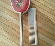 Vintage Gold Tone Hairbrush  Comb Set  Rose Floral Design
