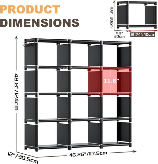 12 Cube Storage Unit Book shelf,DIY Bookcase, Multi-Use Open Storage Shelves for Bedroom, Living Room,Office,Closet, Black Cubicle Rack