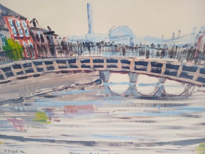 Oil Painting "Ha"penny Bridge Dublin". Frank Feld RHA.1986