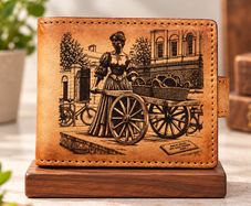 Genuine Leather Wallet for Men Vintage Paris Market Bifold Wallet Antique European Art Wallet