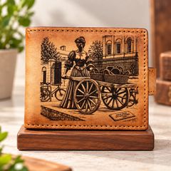 Genuine Leather Wallet for Men Vintage Paris Market Bifold Wallet Antique European Art Wallet