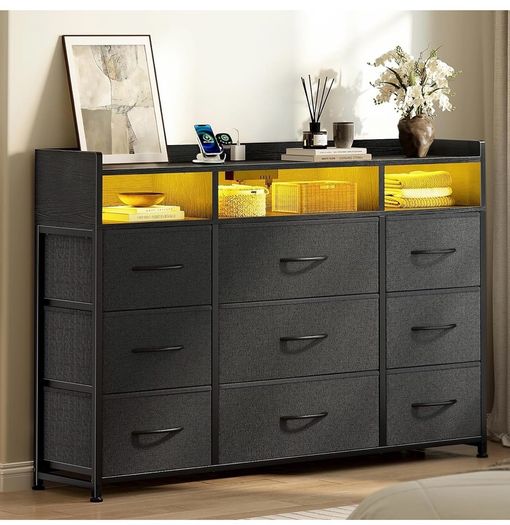 Chest of Drawers for Bedroom with LED and Charging Station, Black