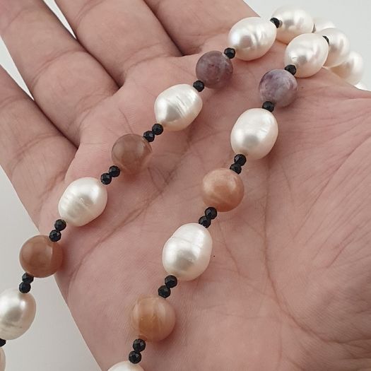Himalayan Dzi Agate Pendant Necklace with Genuine Freshwater Pearls & Tourmaline