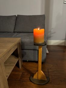 (Move out sell-see my other low priced ads) Tall Wooden Candle Holder With Candle