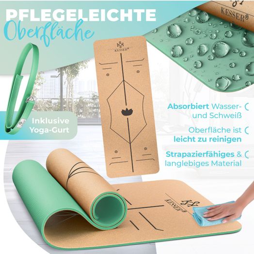 KESSER Yoga Mat Cork Incl. Carrying Strap Bag & Yoga Block Gymnastics Mat Yoga Mat Non-Slip Made of Natural Rubber TPE Fitness Mat, 183 x 62