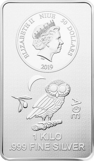 2019 Niue 50 Dollars 1 Kilo Kg 0.999 Fine Silver Bar Athenian Owl