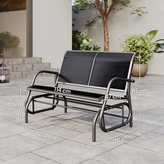 Outdoor Glider Bench, Patio 2 Seater Swing Gliding Loveseat w/ Power-Coated Steel Frame, Mesh Seat and Armrests, for Backyard Garden Porch, Black