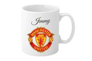 Man Utd Personalised Mug. Unique Customised Present. White Ceramic Cup with Red Devil Emblem for Manchester United Football Fan &amp; Supporter.