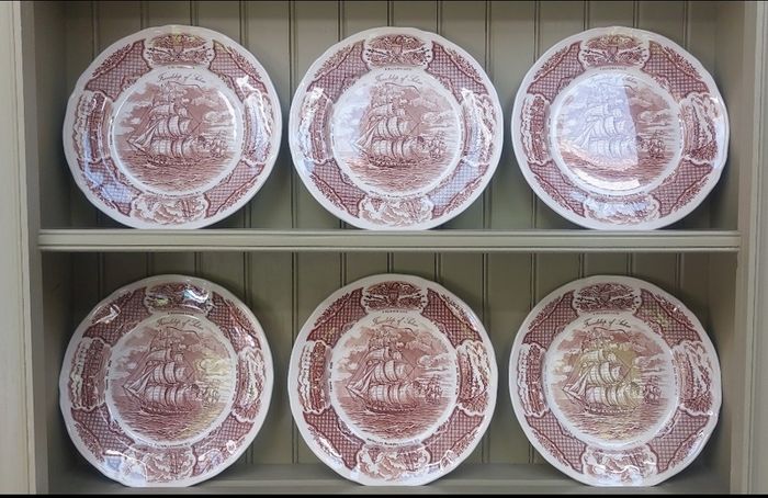 Vintage Set of Six Brown and White Fair Winds, Historical Scenes of Chinese Export to America - "The Friendship of Salem" Large Dinner Plates by Alfred Meakin