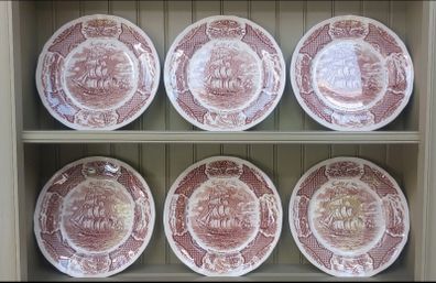 Vintage Set of Six Brown and White Fair Winds, Historical Scenes of Chinese Export to America - "The Friendship of Salem" Large Dinner Plates by Alfred Meakin