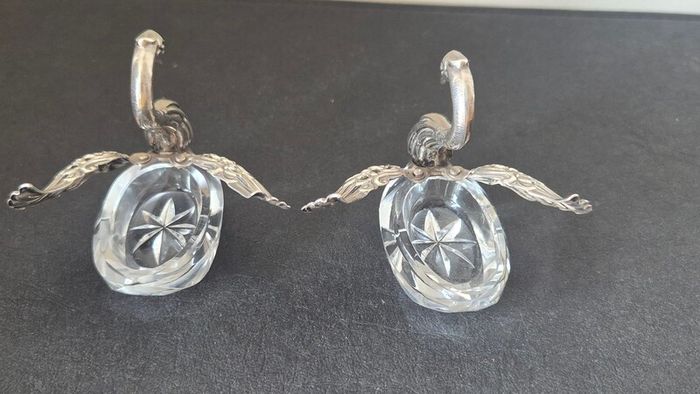 Rare vintage swan-shaped salt cellars crafted from 925 silver and cut crystal