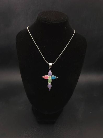 Vintage 925 Sterling Silver Multi Gemstone Cross Necklace