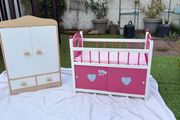 Wooden Dolls Wardrobe and Cot with Bedding and Storage
