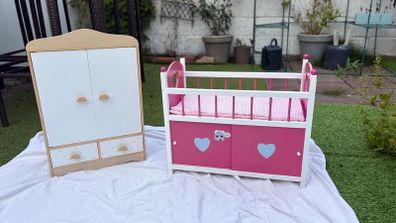 Wooden Dolls Wardrobe and Cot with Bedding and Storage