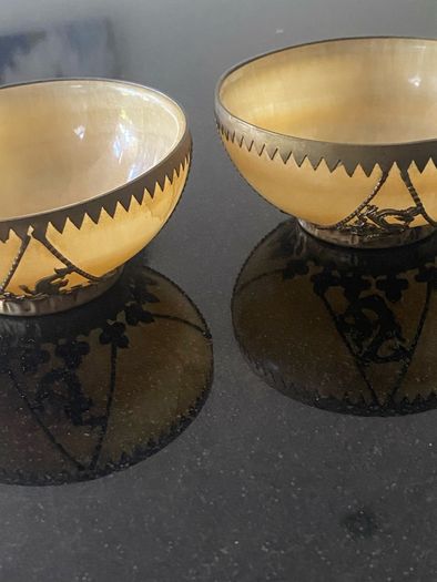 Pair of  beautiful Minnie Peters polished stone and  gilt metal matching dishes