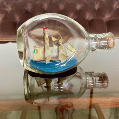 Miniature Antique Tall Ship in a Triangular Dimpled Bottle