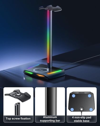 Headphone Stand RGB Headset Holder with Wireless Charger, Headset Stand Gaming Headphone Holder with 2 USB-C and 1 USB Charging Ports, 7 Light Modes and Non-Slip Rubber Base (Black)