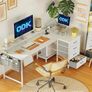 Corner Desk with Drawers, L Shaped Computer Desk 140x80cm with USB Charging Port & Power Outlet, Home Office Desk with Monitor Stand and PC Stand, Gaming Desks Workstations, White Image 3