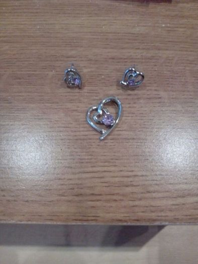 Ideal gift Silver plated silver and pink pastel crystal heart pendant only and earrings jewellery set with blue organza bag with butterfly design