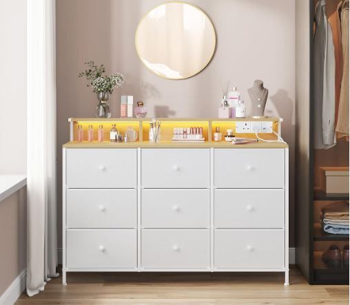 Chest of Drawers Bedroom With Charging Station, Steel Frame 9 Fabric Drawers and LED Lights