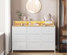 Chest of Drawers Bedroom With Charging Station, Steel Frame 9 Fabric Drawers and LED Lights