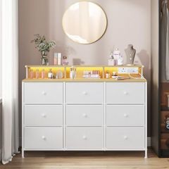 Chest of Drawers Bedroom With Charging Station, Steel Frame 9 Fabric Drawers and LED Lights