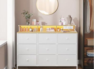 Chest of Drawers Bedroom With Charging Station, Steel Frame 9 Fabric Drawers and LED Lights