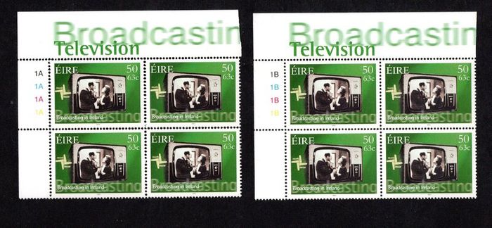 2001 Ireland Broadcasting in Ireland Commemorative Stamps Plate Blocks 1A1A1A1A & 1B1B1B1B Mint Never Hinged (MNH)