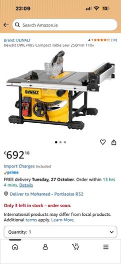 Dewalt DWE7485 Compact Table Saw 250mm 110v (Brand new)
