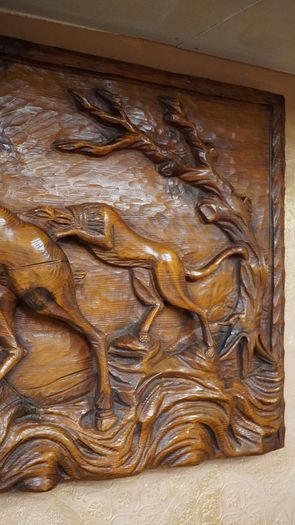 Large Hand-Carved Wooden Hunting Scene Relief Panel