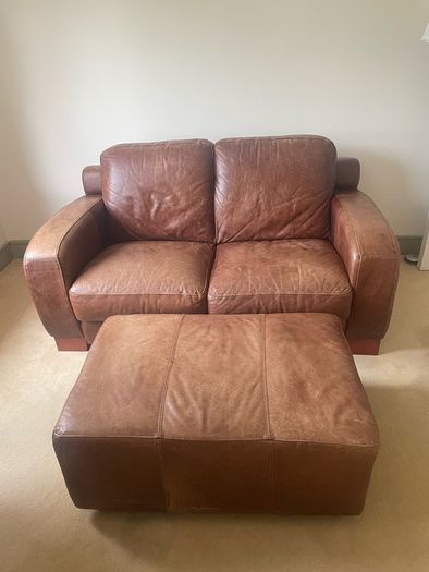 Brown Leather Couch and Poof