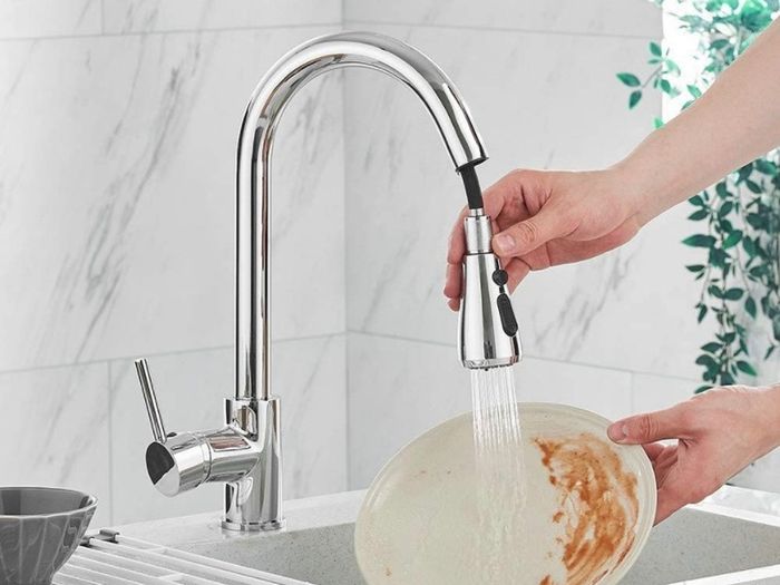 Kitchen Sink Mixer Tap with Pull Down Sprayer Chrome, Single Handle High Arc Pull Out Kitchen Taps, Single Level Solid Brass Kitchen Faucet (FREE POSTAGE)