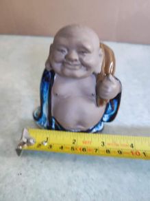 Feng Shui collection Chinese Mudmen Buddha, Vintage Asian Traveler Buddha Smiling Mud Men Collectible, Signed Good Fortune Buddha Figurine Statue