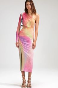 SELF PORTRAIT Printed Mesh Rhinestone Cutout Midi Dress Size 6